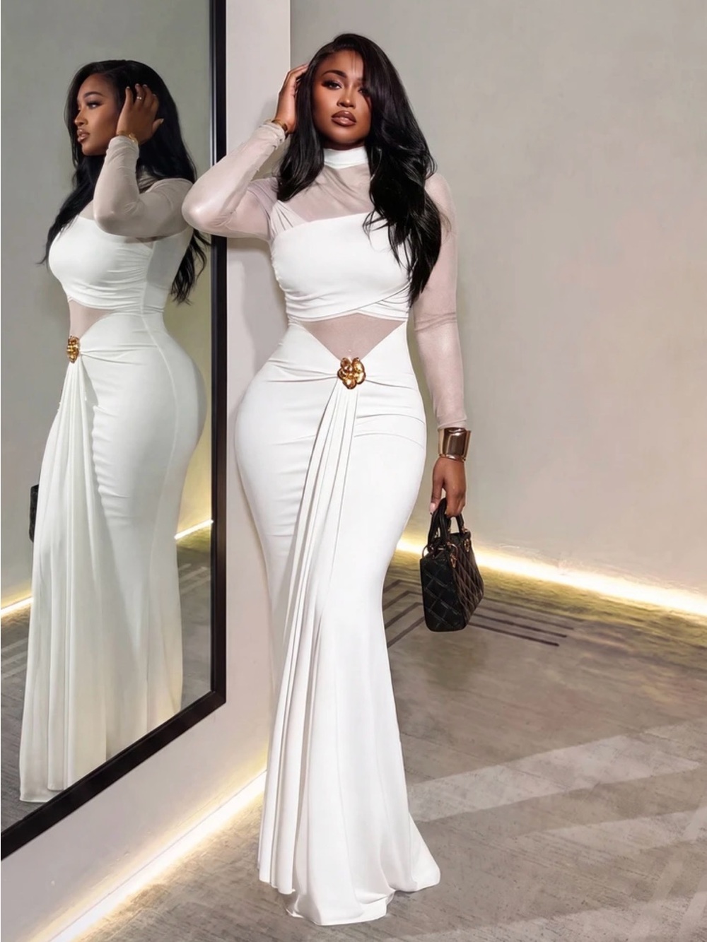 White Sheer-Panel Maxi Dress with Gold Accent